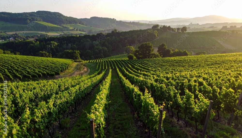 Naklejka premium Panoramic view of a vast vineyard with orderly rows of lush green grapevines stretching towards rolling hills under soft sunlight.