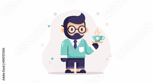 Animated man in glasses, beard, suit, serving hot beverage on tray