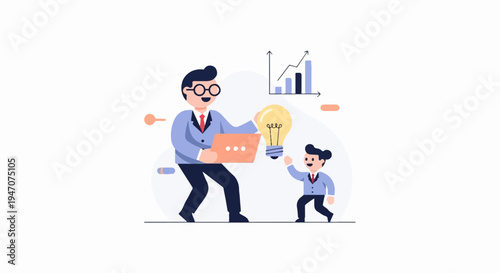 Two businessmen celebrate a bright idea as a bar graph shows success