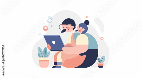 Two people with glasses, one with a mustache, share a laptop