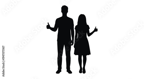A man and woman stand side by side giving thumbs up gestures depicted as a stark silhouette