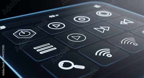 Close up of a digital interface with various icons displayed on a dark screen.