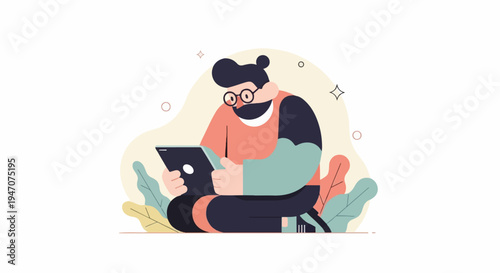 Animated person in a mask and glasses sitting outdoors with a tablet