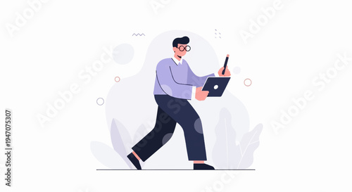 Stylized person in glasses walks with tablet and stylus, surrounded by abstract shapes