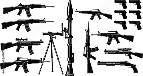 Military weapons silhouettes set, collection of rifles pistols rocket launcher and machine gun, tactical firearm vector illustration isolated on white background