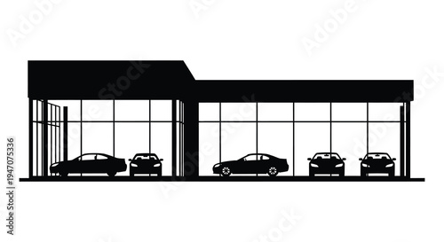 A modern car dealership showroom displays several vehicles in a stark black silhouette high quality professional detailed elegant