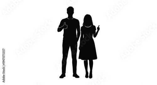 A couple stands facing forward the man giving a thumbs up while the woman points presented as a silhouette