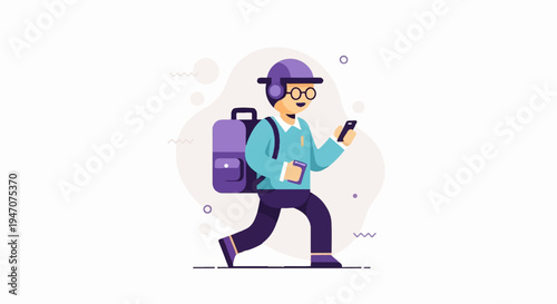 A person in a helmet and backpack looks at their phone while walking