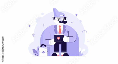 A stylized character in a suit and hat holds a tablet, with a briefcase nearby