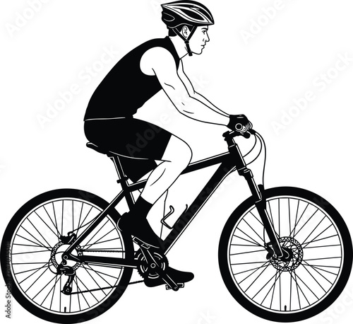 Mountain biker riding bicycle with helmet isolated on white background, cycling sport athlete vector illustration for outdoor adventure and fitness design