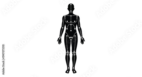 A detailed anatomical illustration depicts a human figure with marked pressure points presented as a silhouette high quality
