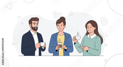 Diverse colleagues enjoying coffee break, discussing ideas, teamwork, modern office illustration