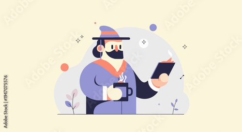 Animated character with hat holds steaming mug and book