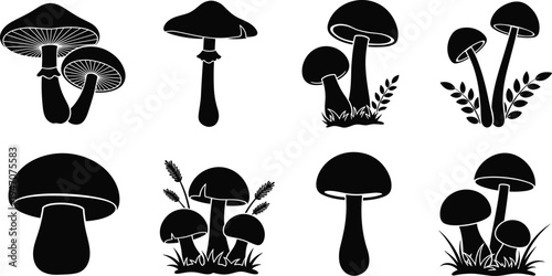 Mushroom silhouette vector set, wild forest fungi and toadstool shapes botanical icons collection, nature illustration isolated on white background
