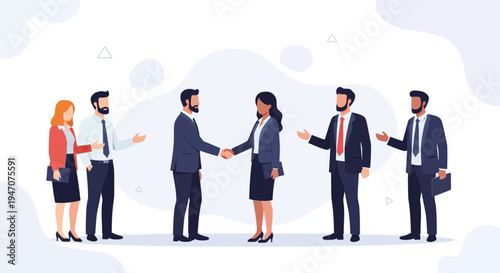 Business people handshake agreement, diverse team meeting, corporate success, partnership deal