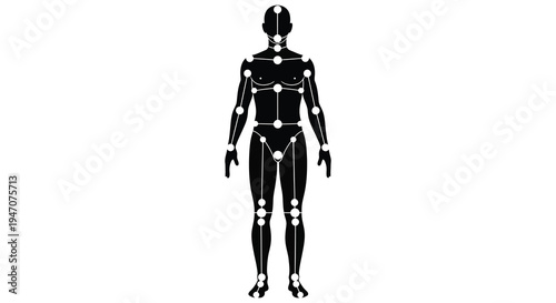 A stark black figure displays anatomical markers at key joints creating a minimalist human form silhouette high quality