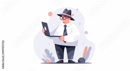 Stylized man in hat and glasses with laptop, abstract shapes