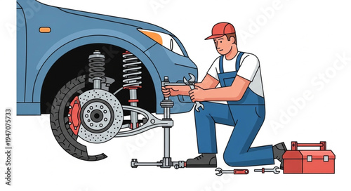 Mechanic repairing car wheel.
