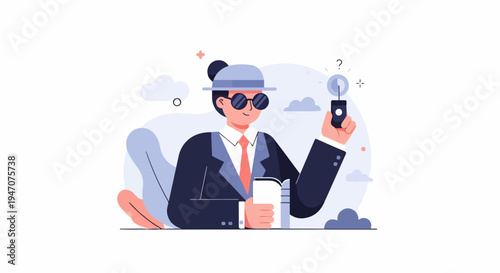 Stylized figure in suit and hat holds camera flash and book