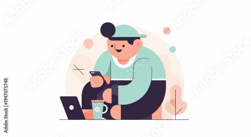 Stylized character with laptop, phone, and coffee, seated outdoors
