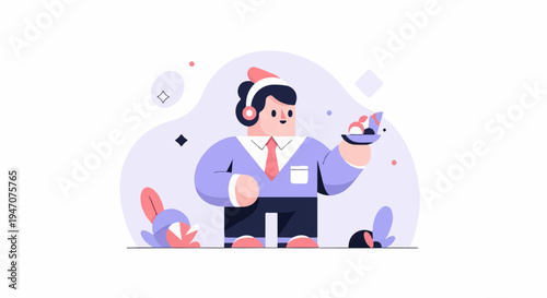 Stylized cartoon man with headphones and tie offers a plate of fruit