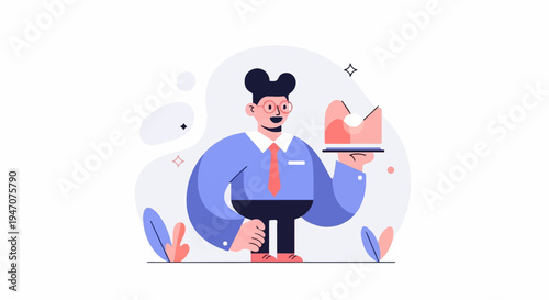 Smiling cartoon man in glasses and tie holds tray with graph