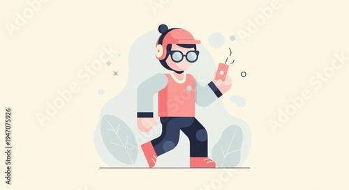 A stylized character in a red cap and headphones walks while holding a phone
