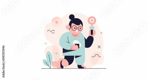 A stylized character kneels holding a lollipop and a phone