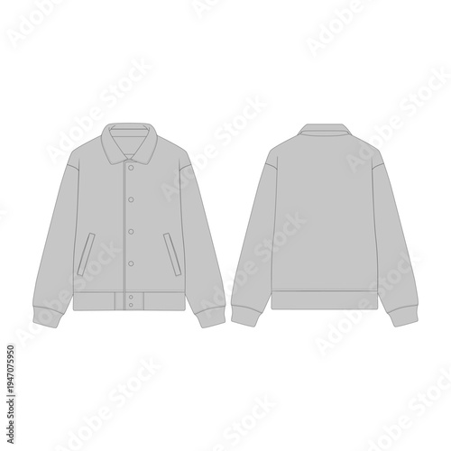 Blank Light Gray Coach Jacket Mockup Front and Back View, Snap Button Streetwear Outerwear Flat Sketch Vector Template for Men Apparel Fashion Design, Tech Packs and Merch Merchandise Presentation.