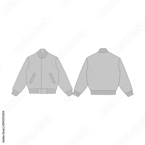 Blank Grey Varsity Letterman Jacket Mockup Front and Back View. Flat Sketch Technical Drawing of Bomber Outerwear. Apparel Design Template Isolated for Streetwear Fashion Tech Pack and Merchandising.
