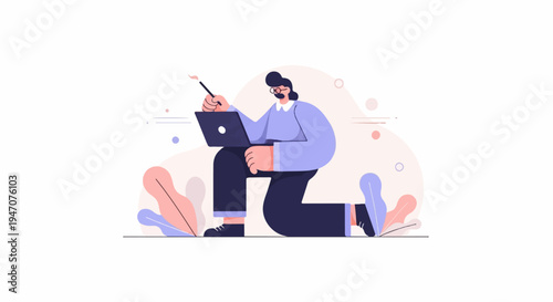 Cartoon person kneeling with laptop and stylus, surrounded by abstract shapes and leaves