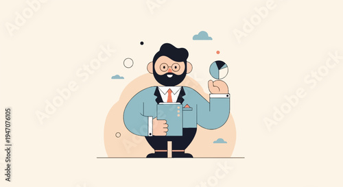 Cheerful businessman holding a pie chart, looking focused