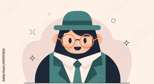 Cheerful character in a hat and glasses, styled illustration