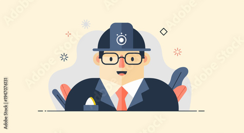 Cheerful cartoon man in hard hat and suit, abstract floral background
