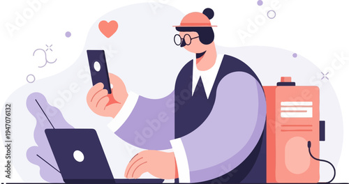 Character with laptop and phone, heart, geometric shapes, and machine