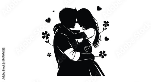 A couple embraces tenderly surrounded by floral motifs and floating hearts depicted as a striking silhouette high quality