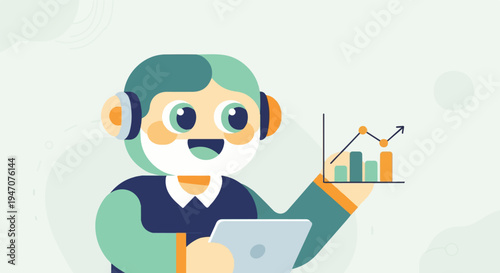 Cheerful cartoon holding tablet, presenting financial chart with upward trend