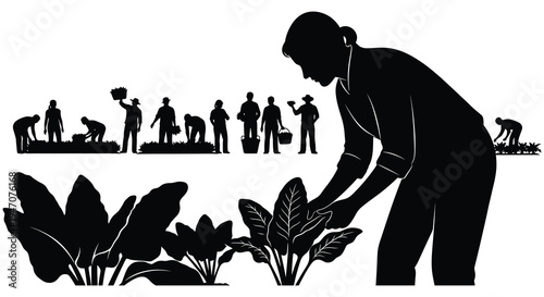 A series of black figures depict agricultural work in a field showcasing a rural lifestyle silhouette high quality