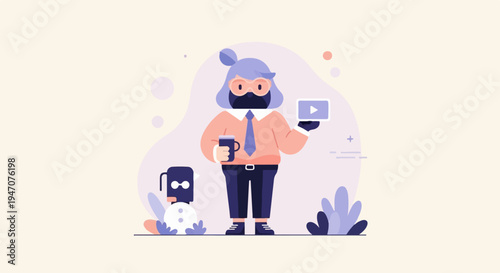 Digital media creator holding coffee and video play symbol near robot