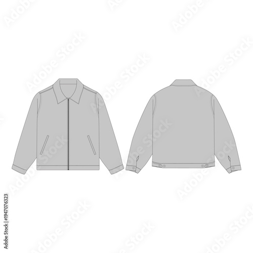 Blank light grey zip-up Harrington jacket mockup, front and back view. Technical flat sketch of casual outerwear, clothing template with collar and pockets for apparel tech pack vector illustration.