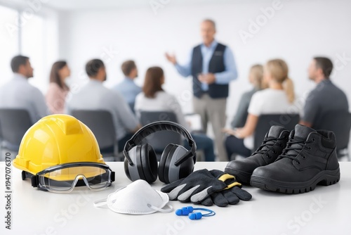 Workplace safety training with protective equipment displayed while instructor explains procedures to staff