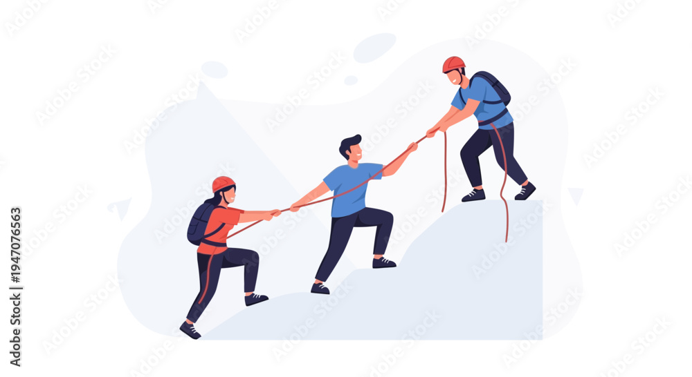 Fototapeta premium Team climbing mountain helping each other, teamwork, support, success concept