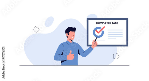 Man showing completed task on a whiteboard with a thumbs up, business success concept