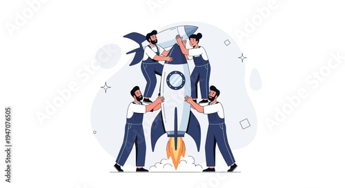 Team Launching Rocketship: Business Startup, Teamwork, Innovation, and Success Concept