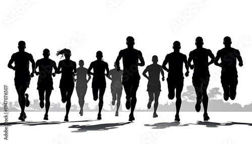 Silhouette image of a group of runners in motion, running a race with trees in the background