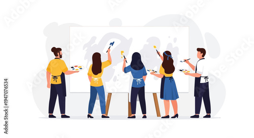 Diverse group of people painting together on a large canvas, teamwork and creativity concept