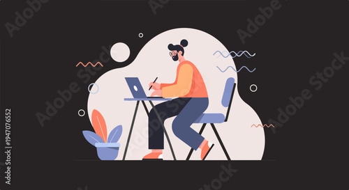 Person with bun hairstyle working on laptop at a desk with a plant