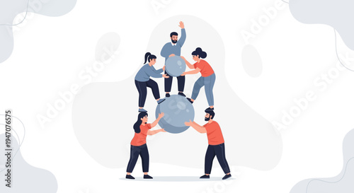 Teamwork and Collaboration: People Building a Pyramid with Spheres