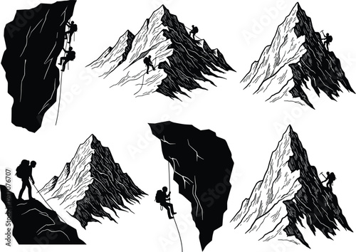 Mountain climbing adventure silhouette set with rock climbers hiking rugged peaks outdoor exploration extreme sport alpine expedition vector illustration