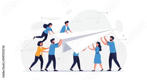 Teamwork launching paper airplane, business startup concept, teamwork, collaboration, success